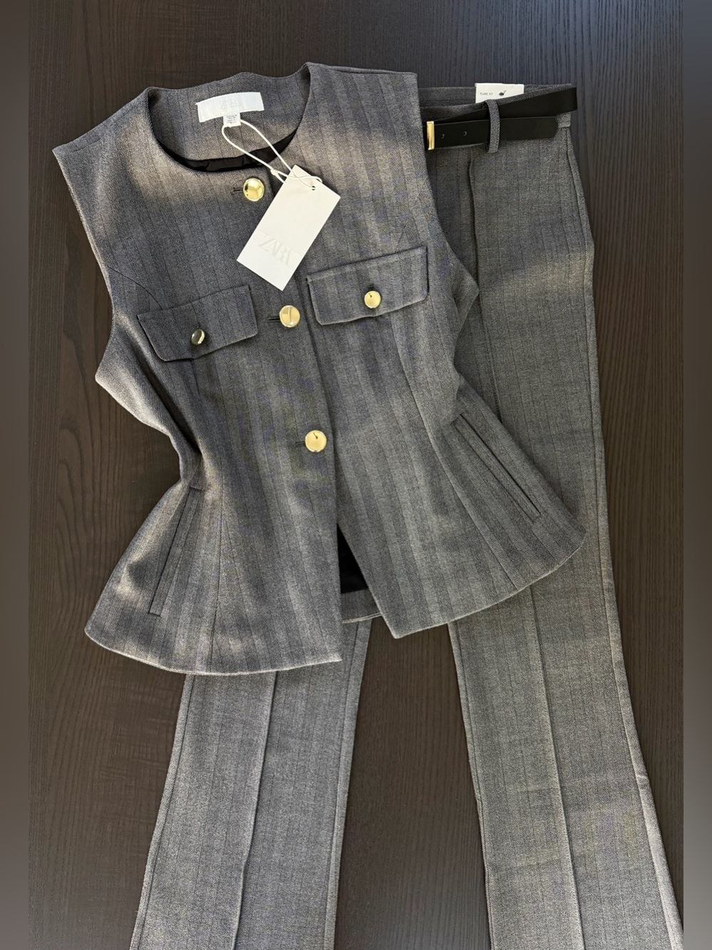 Zara Gray Pinstripe Vest and Flare Pants Set with Gold Buttons - Picture 12 of 14